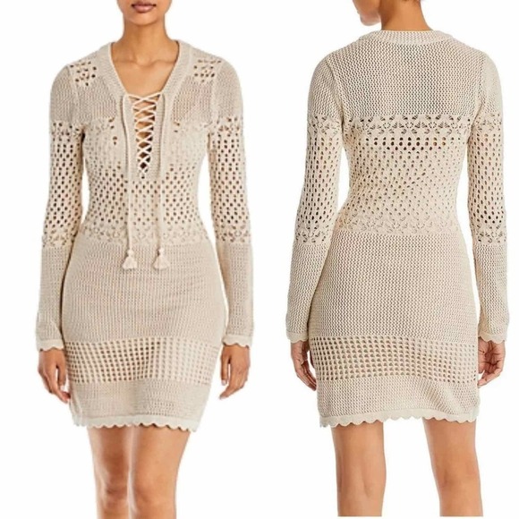 Aqua Crochet Long Sleeve Mini Dress Size Small Sand Color - Picture 1 of 9
